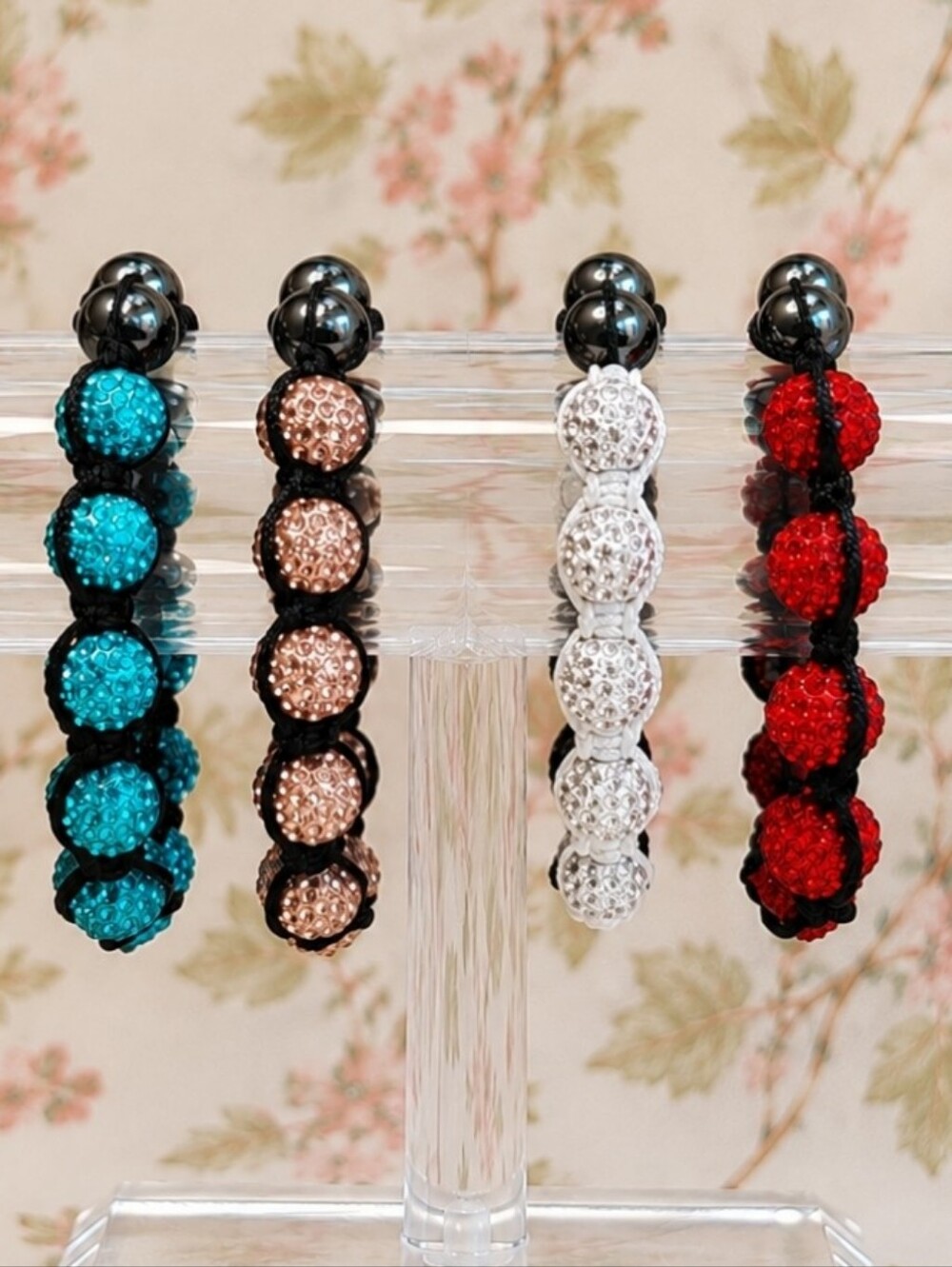 4 Adjustable White & Black Corded Rhinestone Hematite Slide Beaded Bracelets NEW